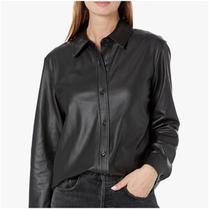 Anne Klein Faux Leather Button Down Shirt Black Women's Size L Goth Moto